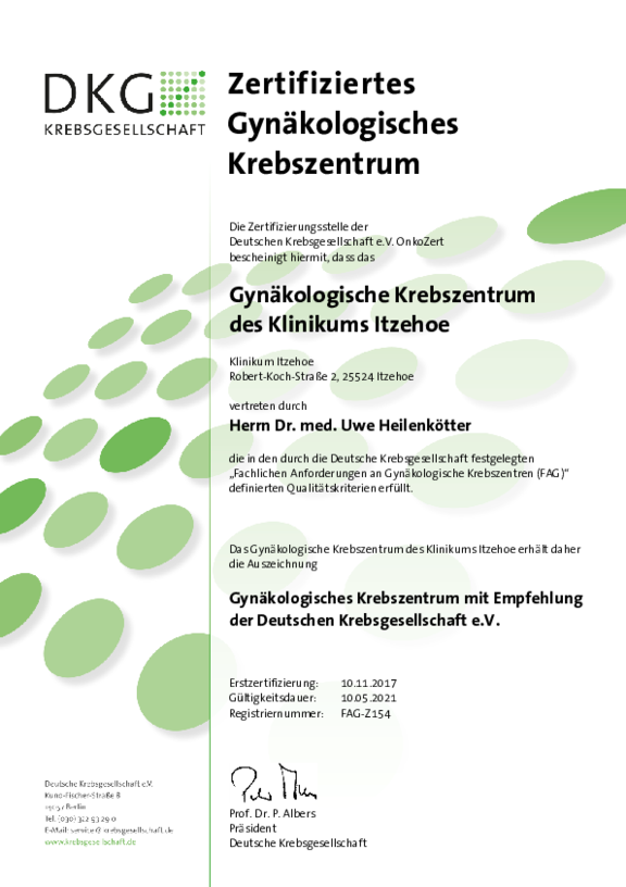 Zertifikat der Deutschen Krebsgesellschaft nach deren Anforderungen für das Gynäkologische Krebszentrum des Klinikums Itzehoe, gültig bis zum 10.05.2028
