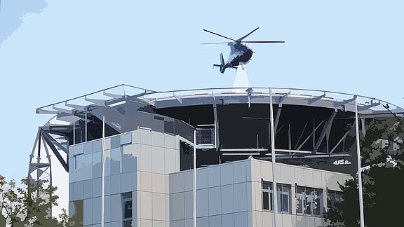 Bildliche Darstellung - Hubschrauber landet oder startet auf Hubschrauberlandeplatz.