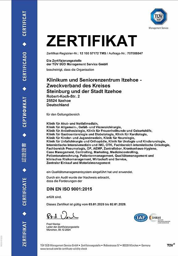 Zertifikat des TÜV SÜD nach den Anforderungen der DIN EN ISO 9001:2015 für das Klinikum und Seniorenzentrum Itzehoe, gültig bis zum 02.01.2028