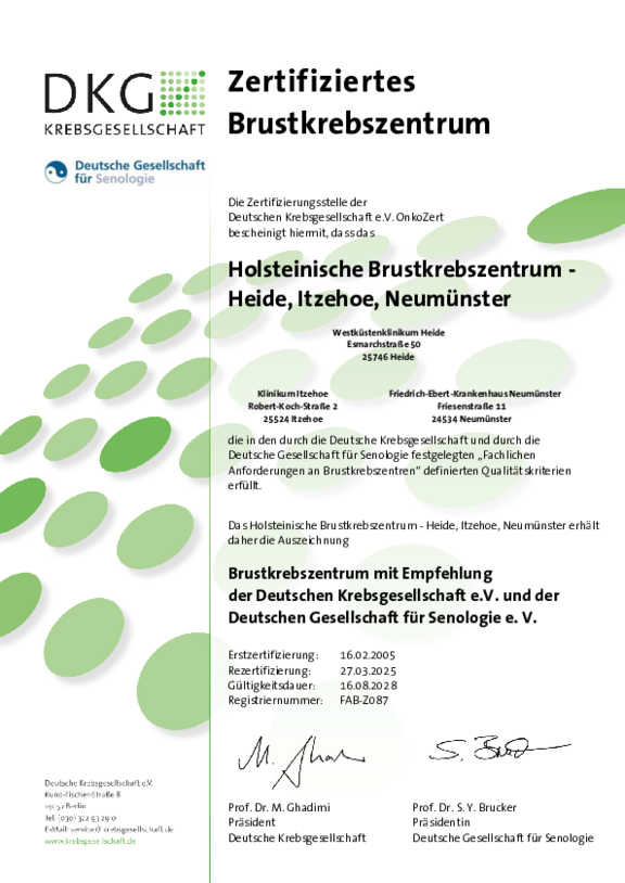 Zertifikat der Deutschen Krebsgesellschaft nach deren Anforderungen für das Holsteinische Brustzentrum, gültig bis zum 16.08.2028